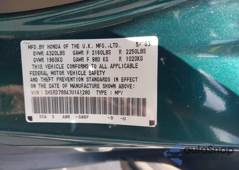 2003 Honda Cr-V Ex из США, поврежденный, VIN SHSRD78843U141280